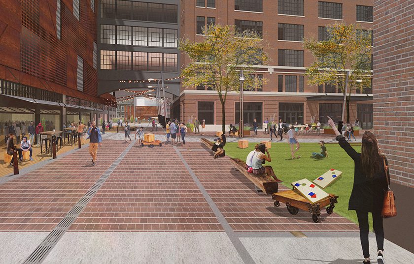 rendering of plaza with people interacting