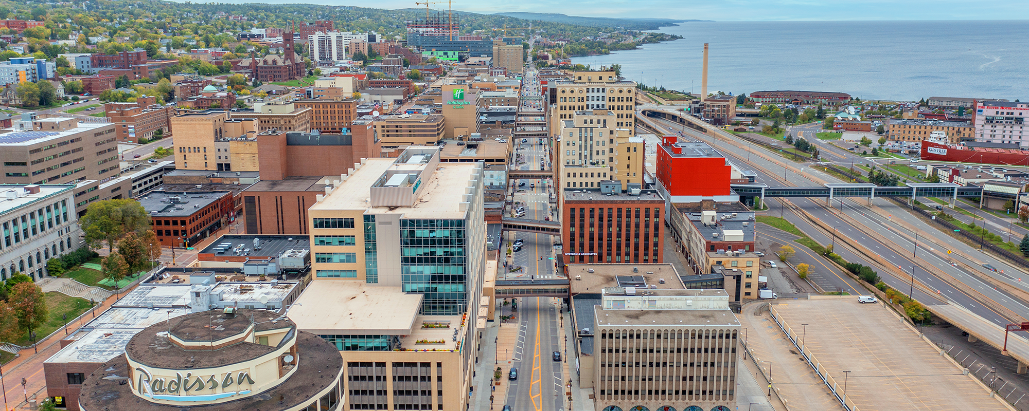 aerial view of street in downtown area