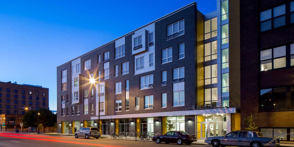exterior night view of emanuel housing