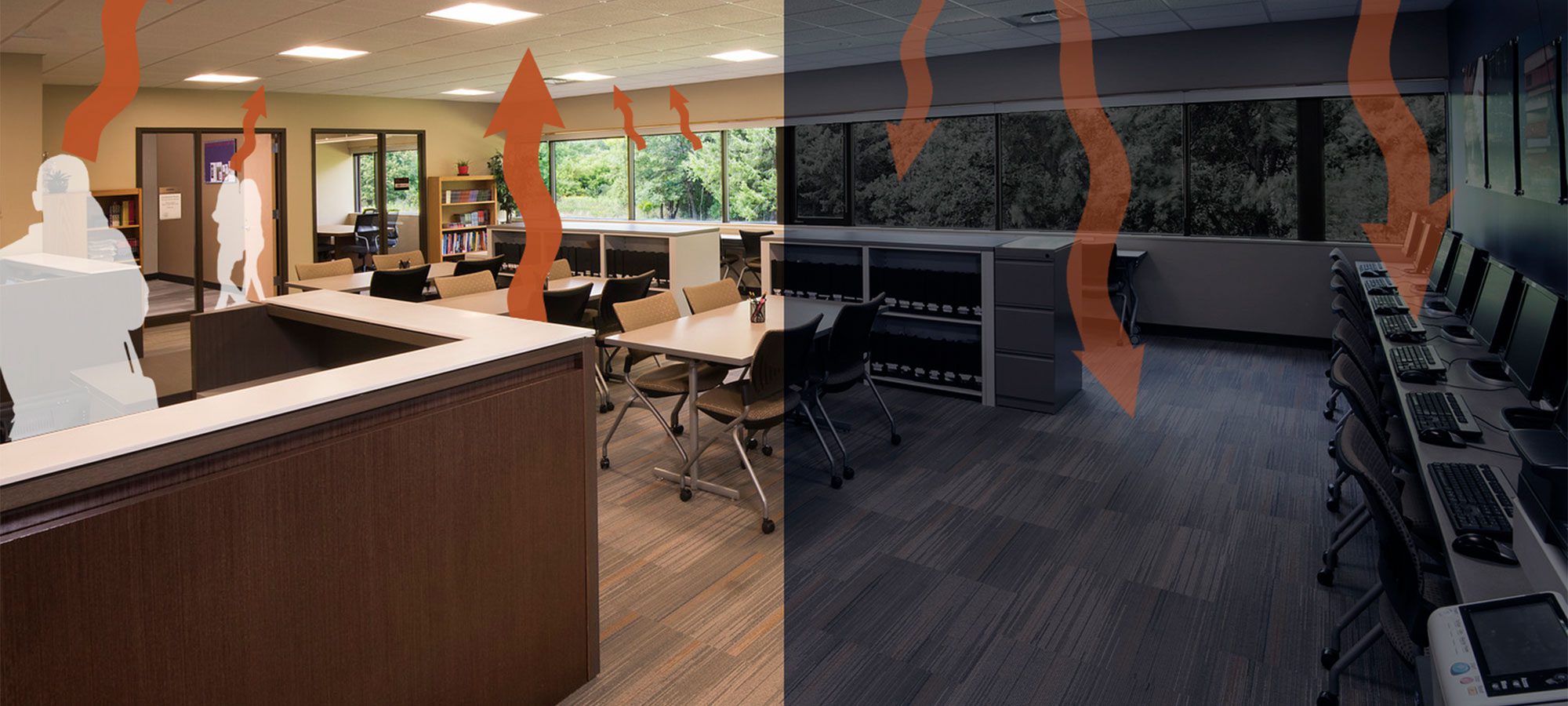 Orange arrows pointing to the air flow direction in an office