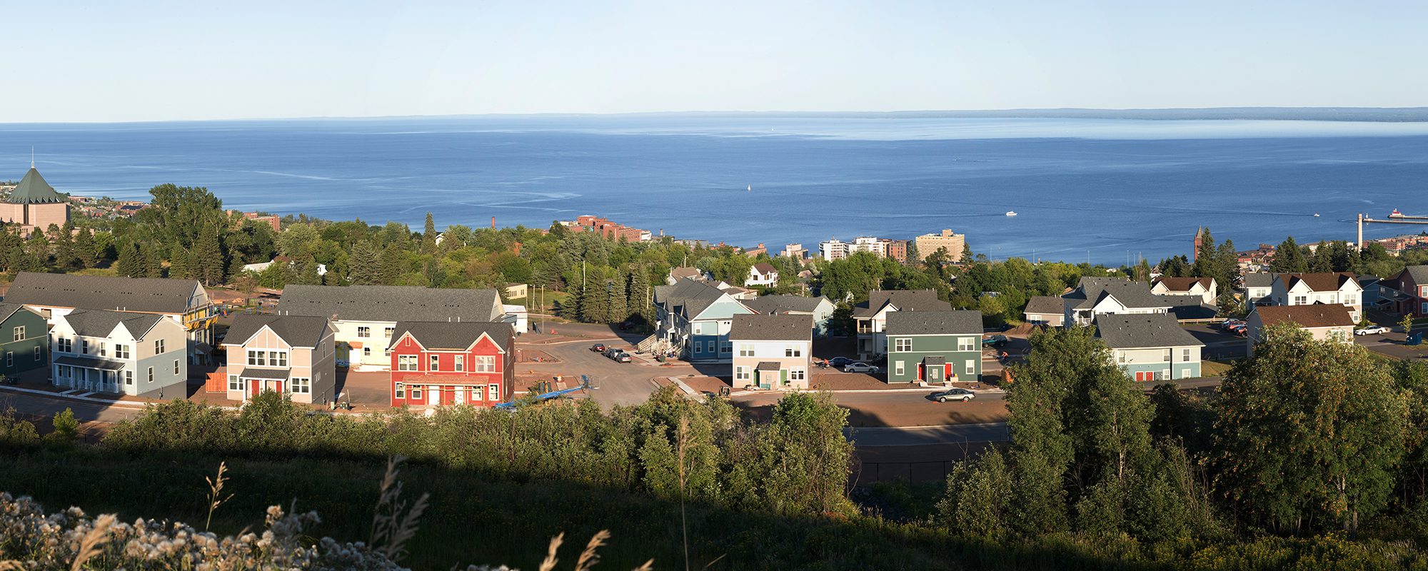 aerial view of a new neighborhood of single family homes