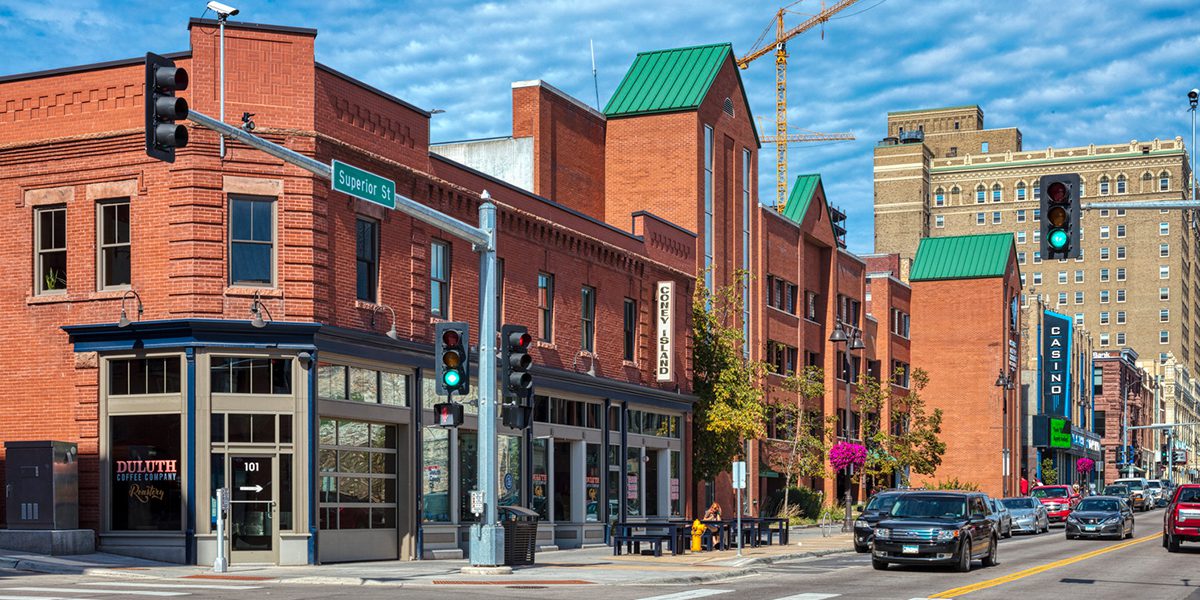 street view of shops downtown Duluth