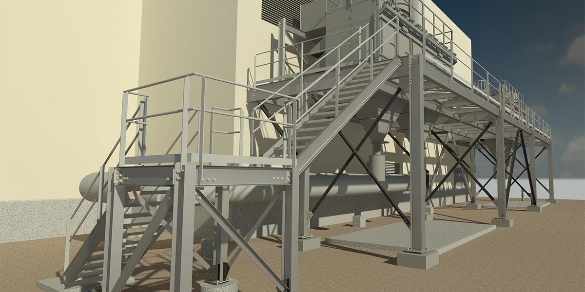 Digital rendering of industrial building and stairs