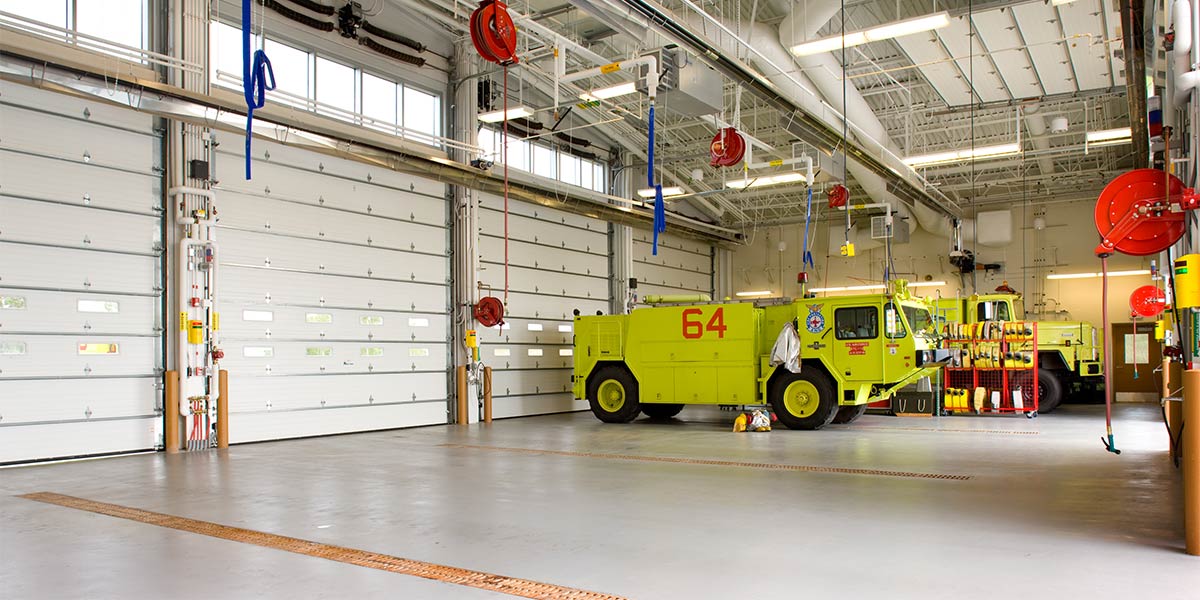 Fire station garage with fire truck