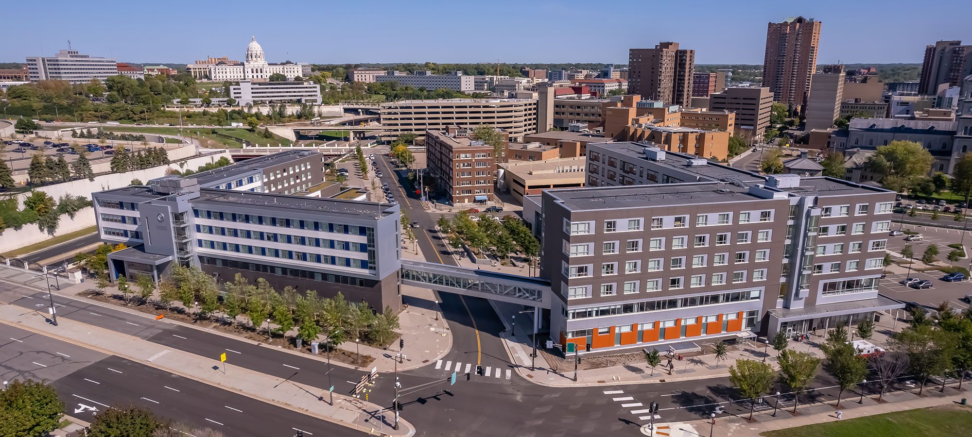 Birdseye view of Dorothy Day Place skywalk connecting to High ground st paul