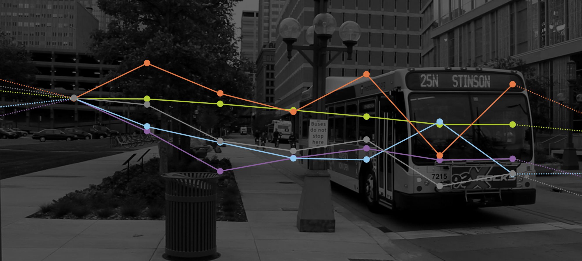 bus on a city street with a line graph overlaid