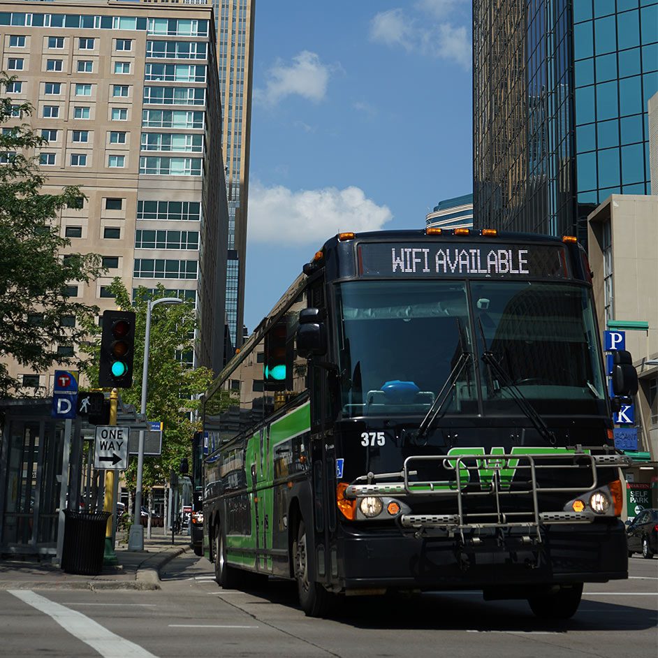 transit bus on downtown city street