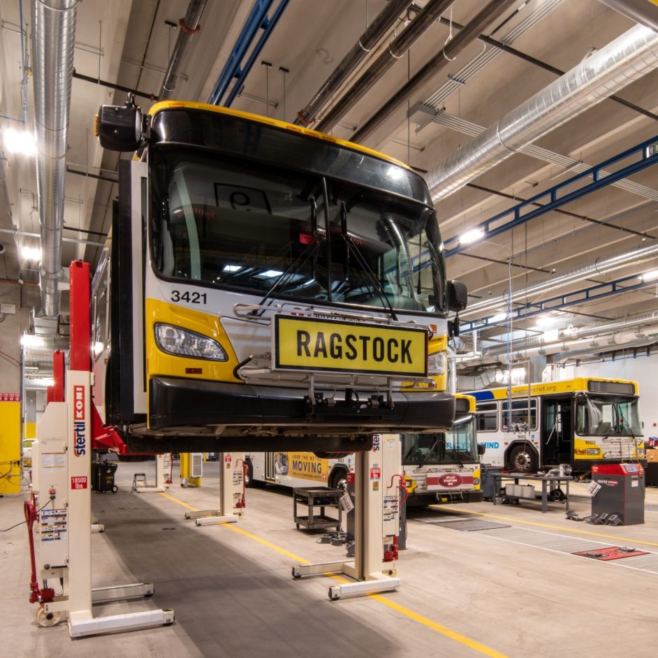 Bus in maintenance bay