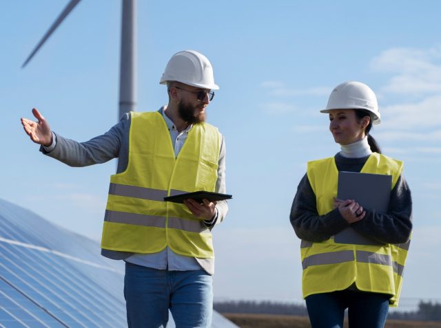 Two people in yellow vests and hardhats outdoors