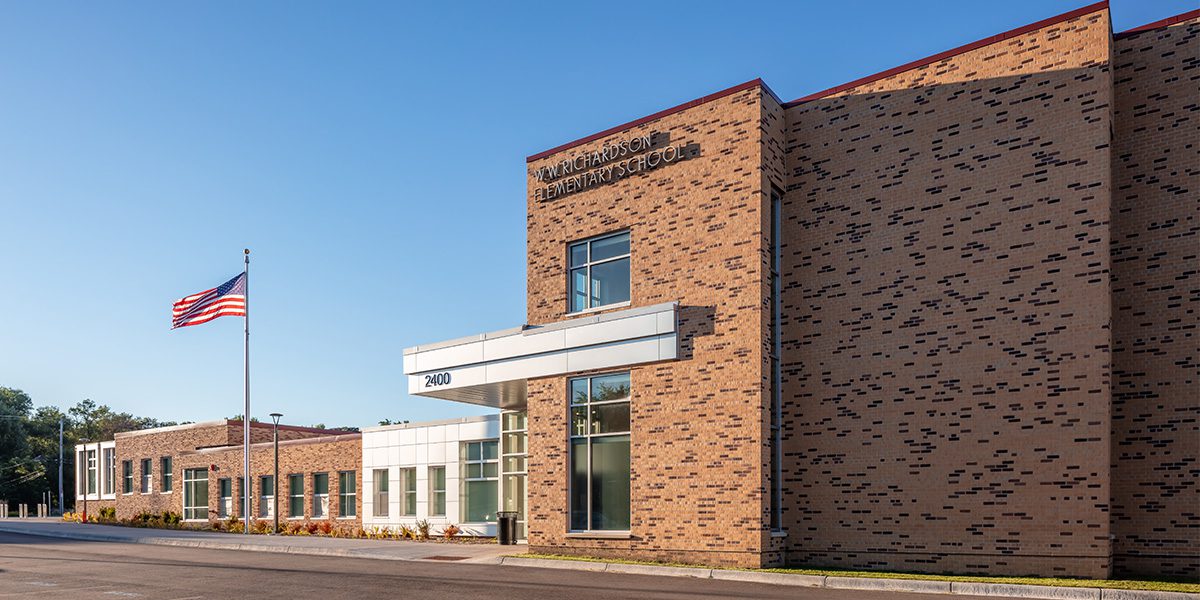 Outdoor view of main entry to school