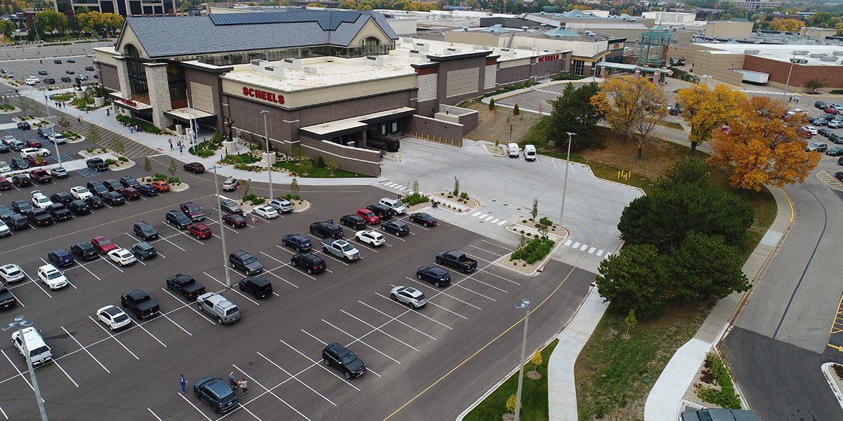 Store parking lot filled with cars