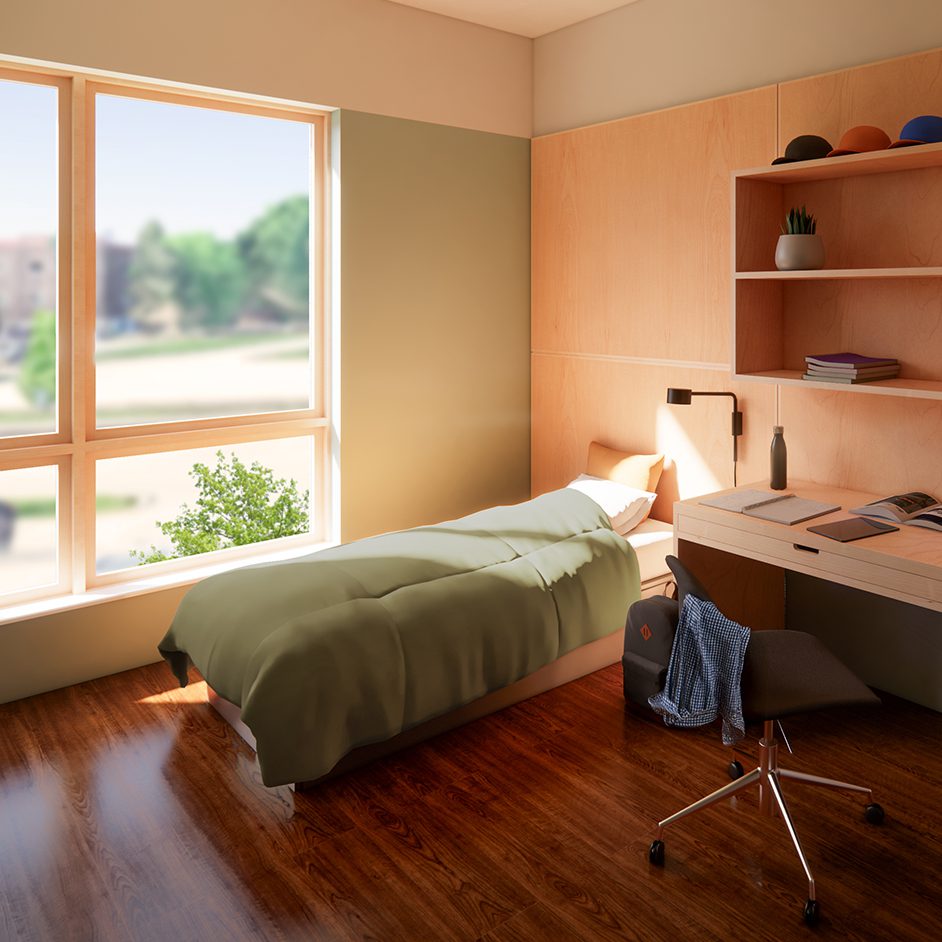 Bed and desk in bedroom