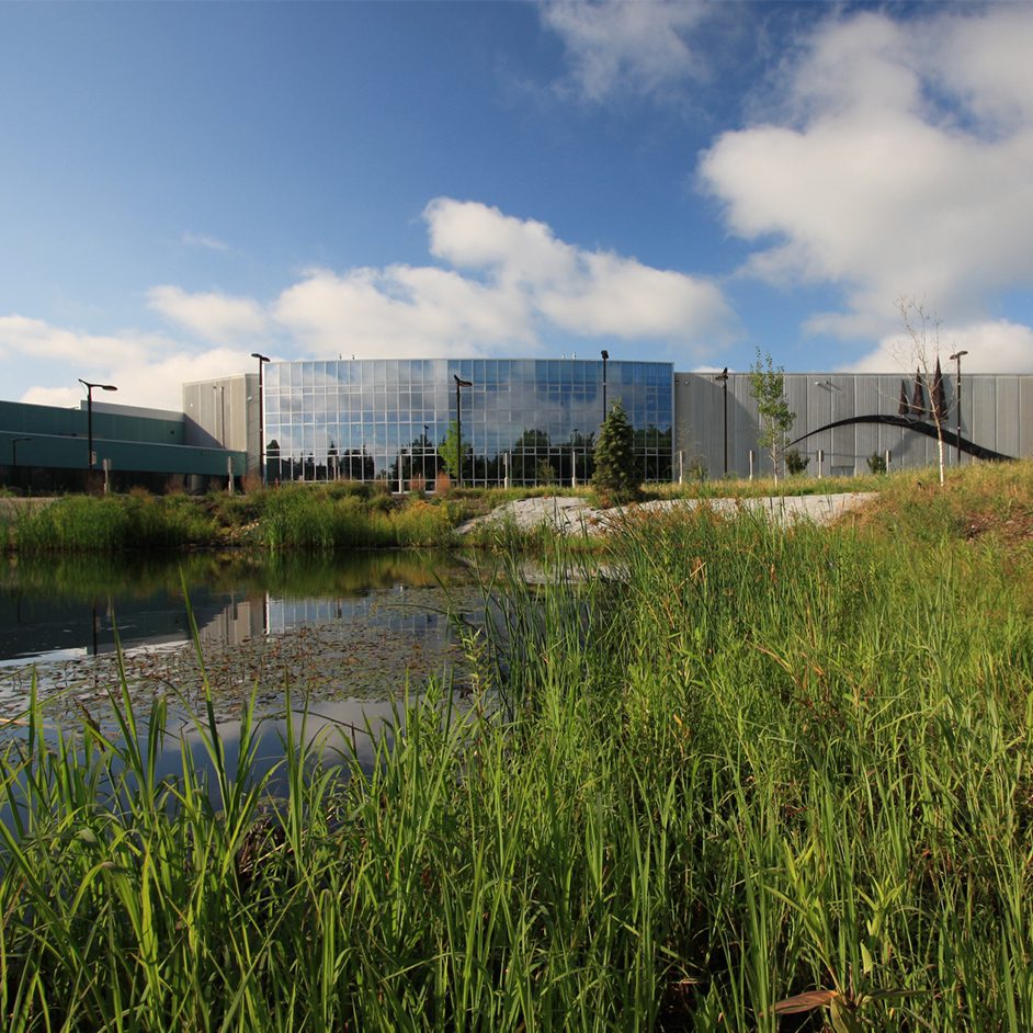 Building exterior and pond