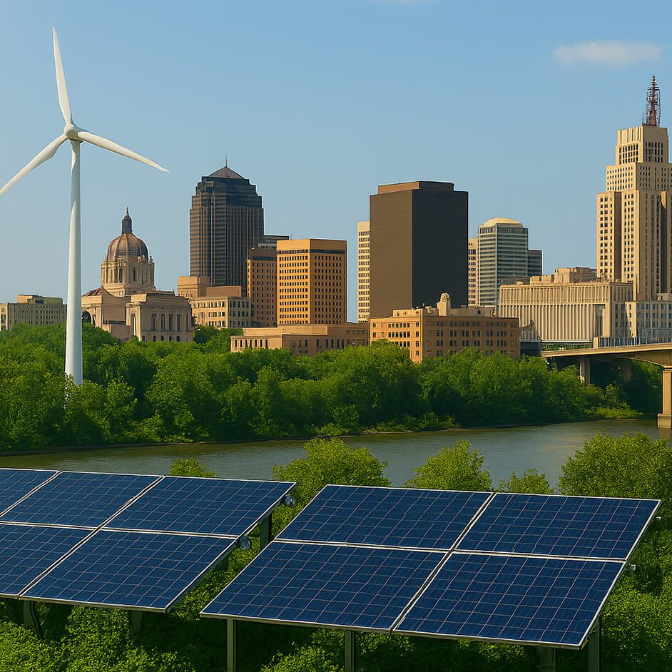 St. Paul skyline with solar panels and wind turbine