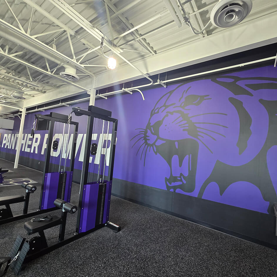 school mascot on gym wall