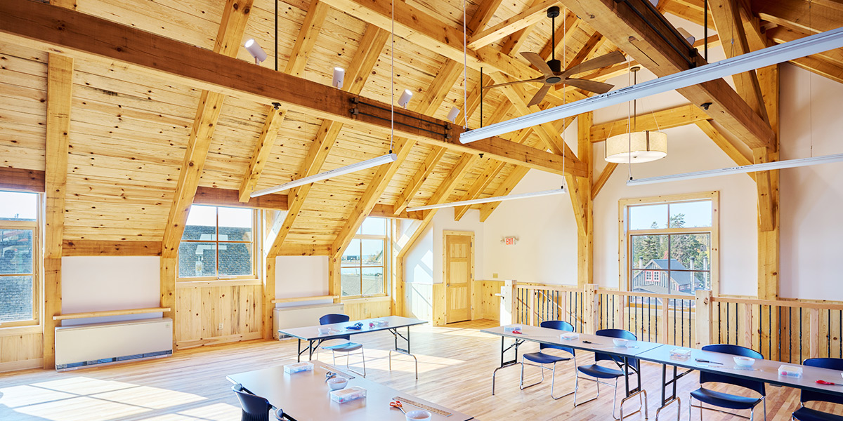 wooden ceiling in classroom